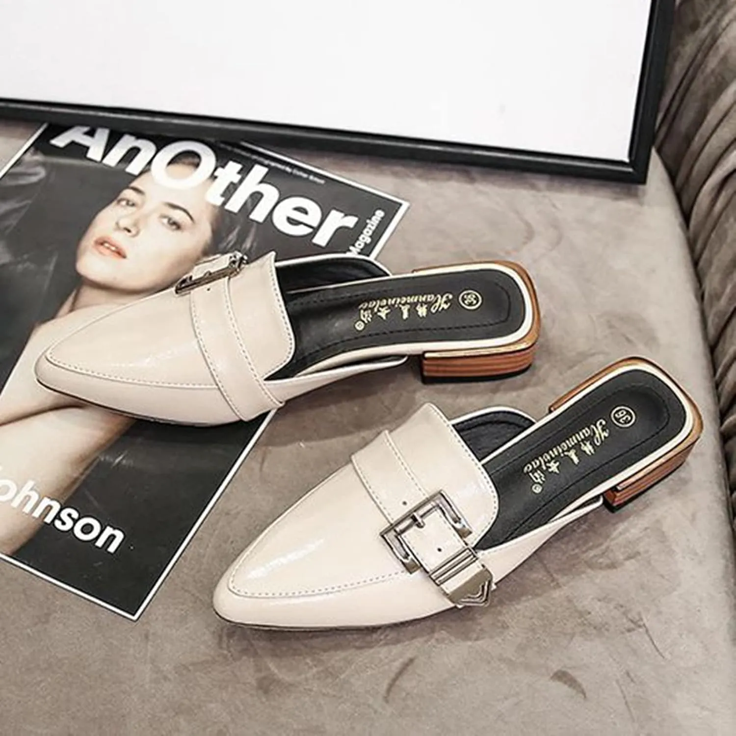 Womens Pointed Toe Slide Mules Metal Buckle Slip on Flat Low Heel Backless Loafers Slipper Shoes