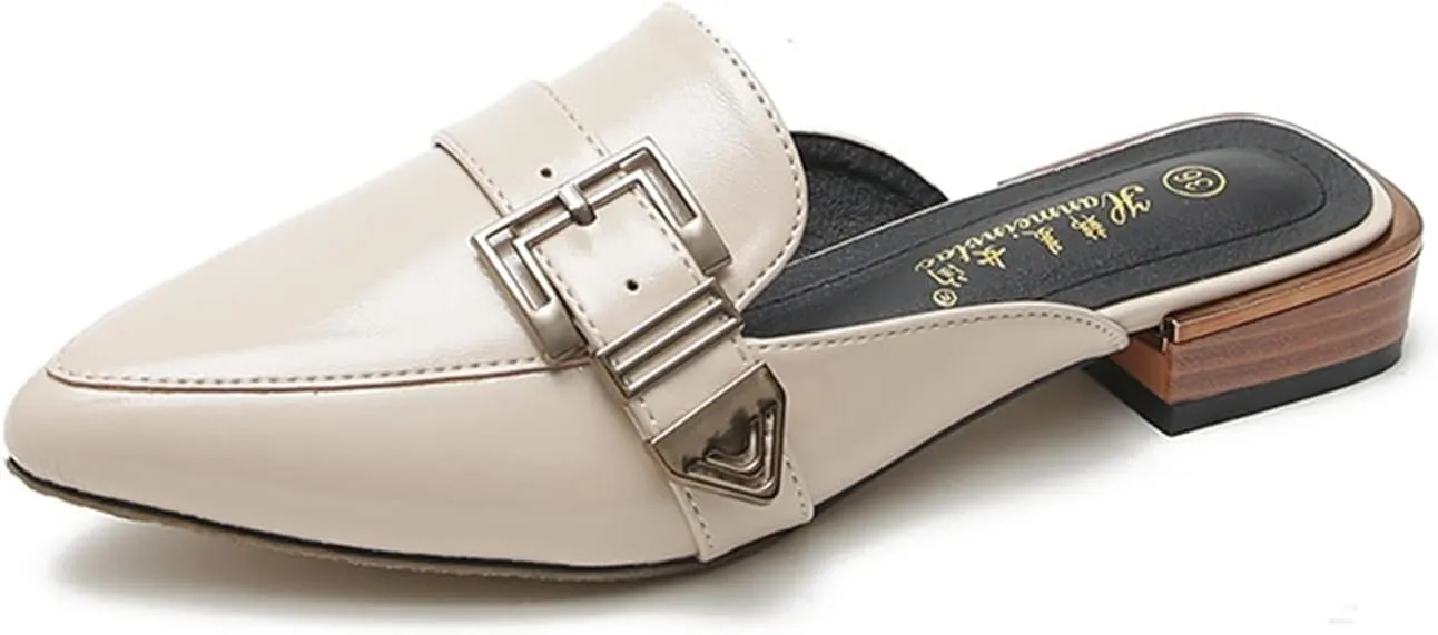 Womens Pointed Toe Slide Mules Metal Buckle Slip on Flat Low Heel Backless Loafers Slipper Shoes
