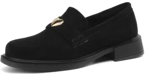 Women's Retro Metallic Heart Platform Round Closed Toe Loafers Pull-On Suede Leather Chunky Low Heel Office Work Casual Fashion Business Dress Shoes All Weather Daily Wear Flats