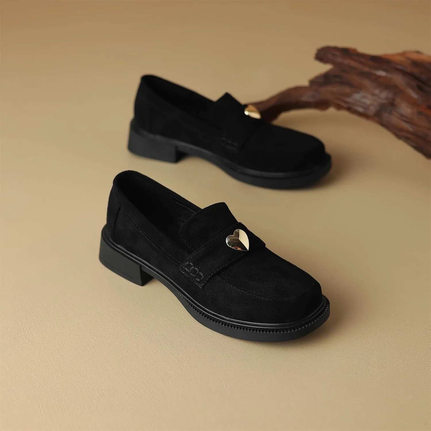 Women's Retro Metallic Heart Platform Round Closed Toe Loafers Pull-On Suede Leather Chunky Low Heel Office Work Casual Fashion Business Dress Shoes All Weather Daily Wear Flats