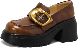 Women's Retro Penny Loafers Closed Square Toe Pull-On High Chunky Heel Platform Buckle Comfortable Work Vintage Mary Jane Shoes Business Casual Moccasins Oxford Shoes