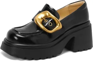Women's Retro Penny Loafers Closed Square Toe Pull-On High Chunky Heel Platform Buckle Comfortable Work Vintage Mary Jane Shoes Business Casual Moccasins Oxford Shoes