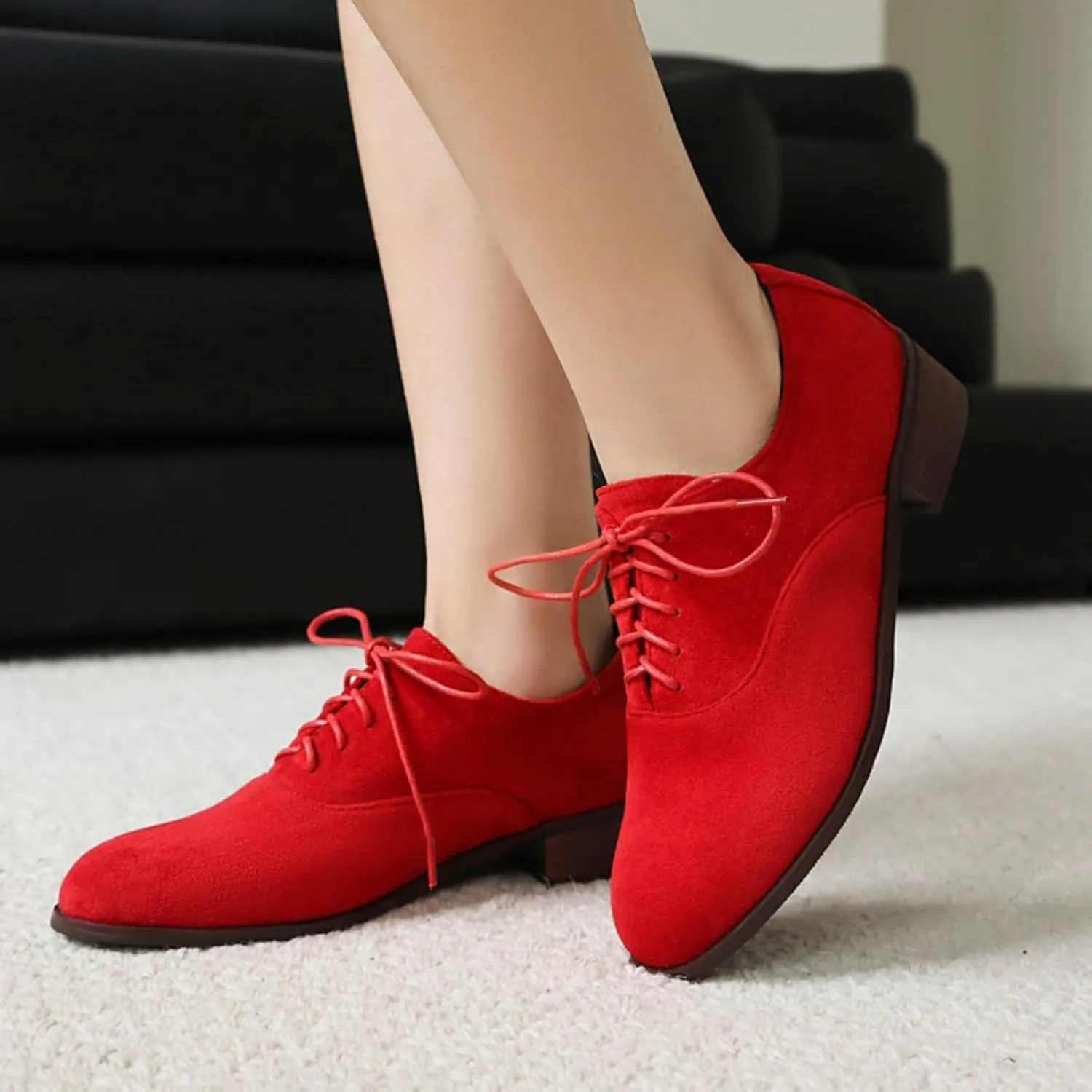 Women's Retro Round Toe Suede Lace Up Low Heels Block Brogues Oxfords Comfortable Non-Slip Business Work Office Dress Pumps Shoes