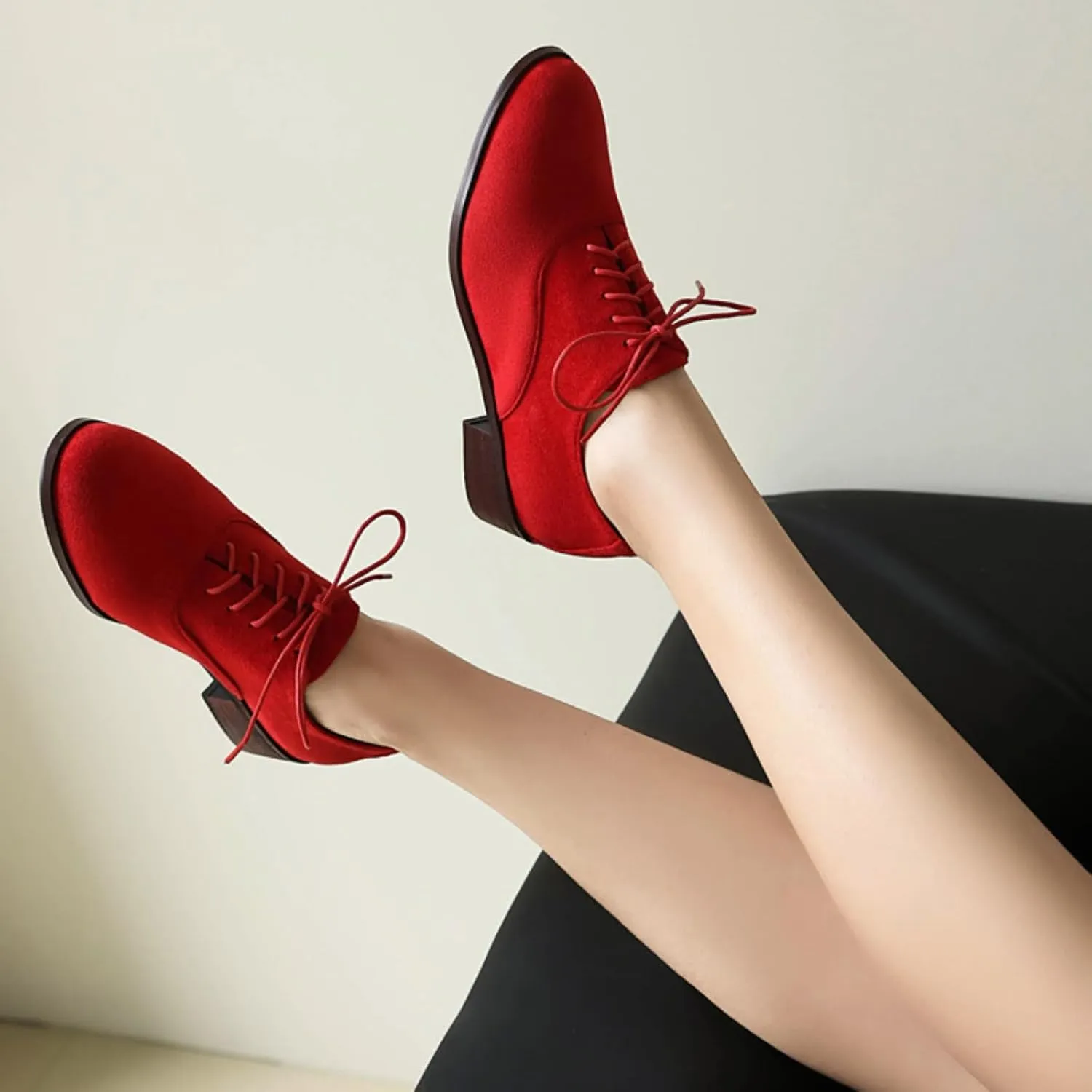 Women's Retro Round Toe Suede Lace Up Low Heels Block Brogues Oxfords Comfortable Non-Slip Business Work Office Dress Pumps Shoes