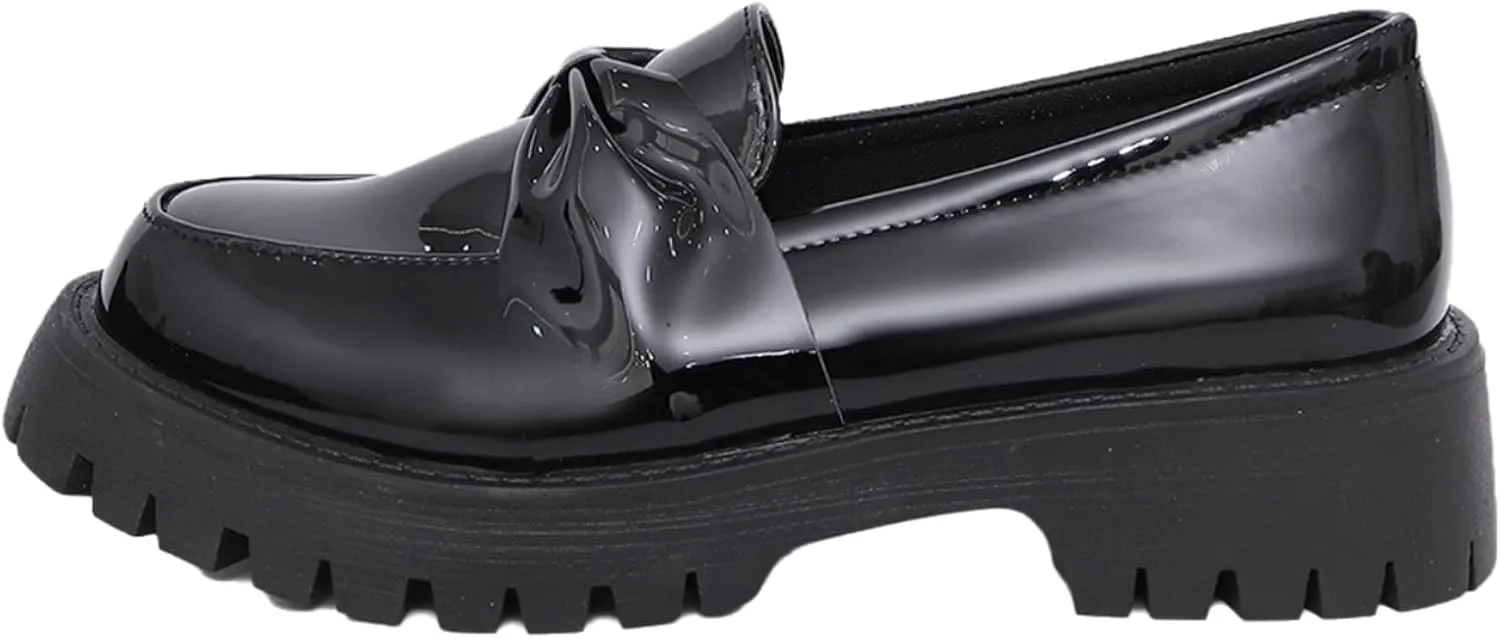 Women's Shiny Leather Bowknot Design Flat Loafers Thick Sole Chunky Heel Breathable Single Shoes Lightweight Versatile Business Casual Work Shoes