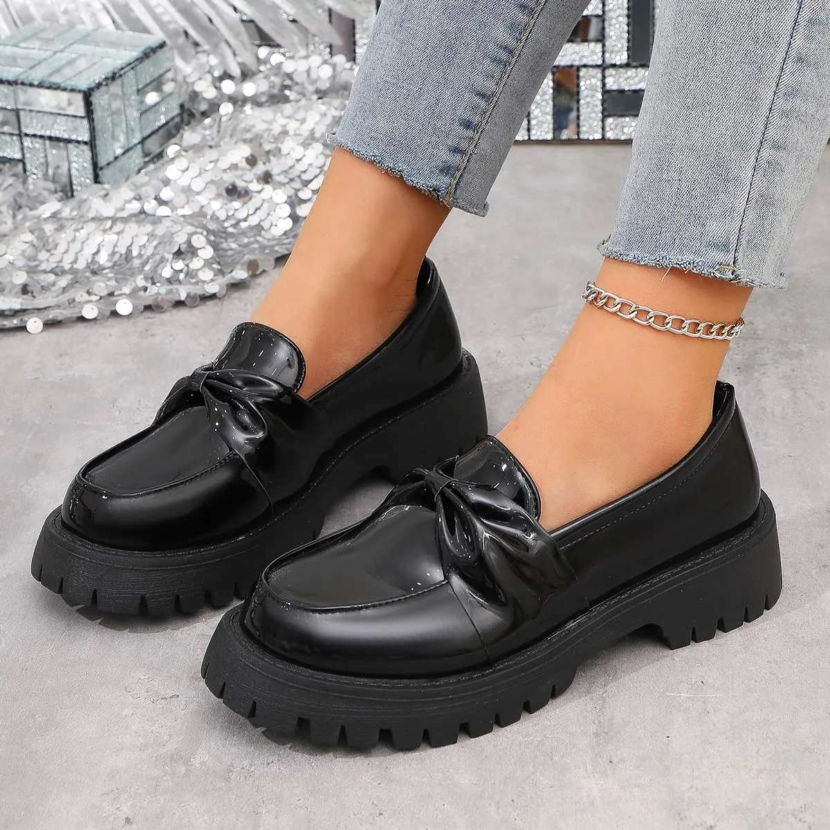 Women's Shiny Leather Bowknot Design Flat Loafers Thick Sole Chunky Heel Breathable Single Shoes Lightweight Versatile Business Casual Work Shoes