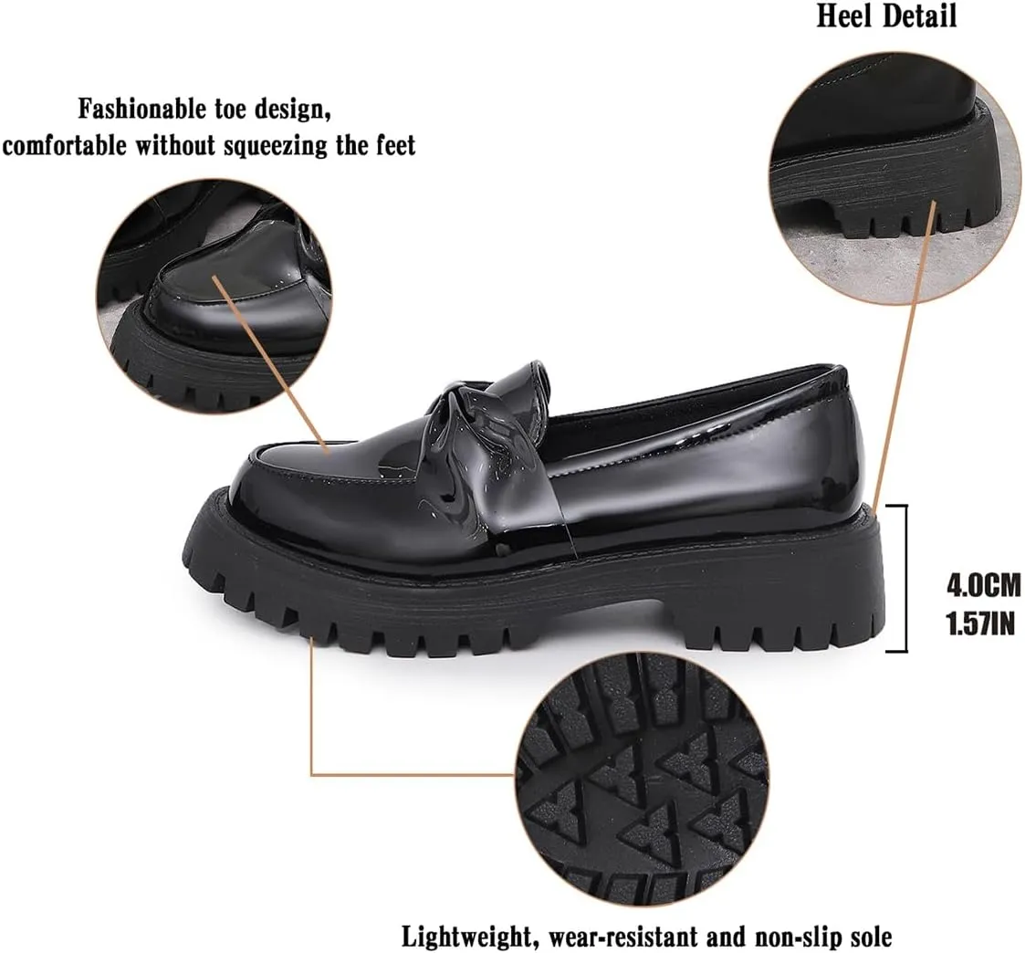 Women's Shiny Leather Bowknot Design Flat Loafers Thick Sole Chunky Heel Breathable Single Shoes Lightweight Versatile Business Casual Work Shoes