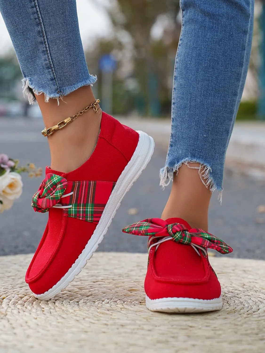 Women's Trending Plaid Bow Slip-on Loafers Canvas Low-Top Shoes Lightweight Boat Breathable Flexible Casual for Daily Wear Walking Driving,White/Red,US Size 6-11
