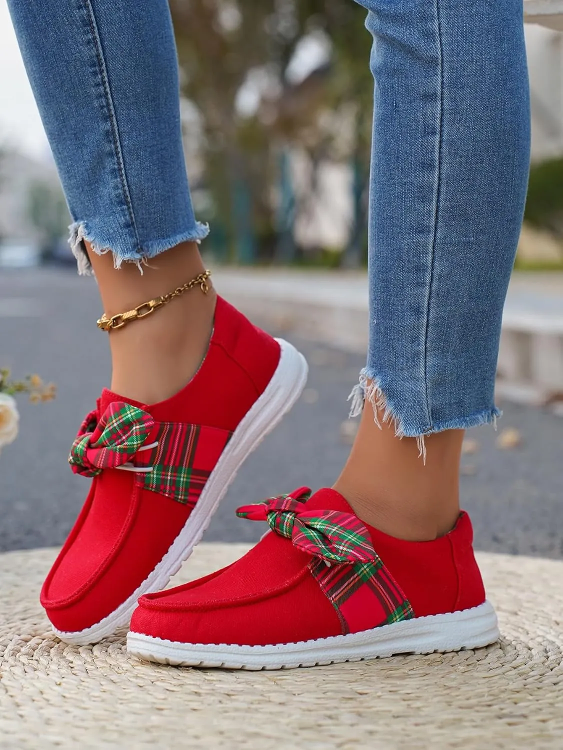 Women's Trending Plaid Bow Slip-on Loafers Canvas Low-Top Shoes Lightweight Boat Breathable Flexible Casual for Daily Wear Walking Driving,White/Red,US Size 6-11