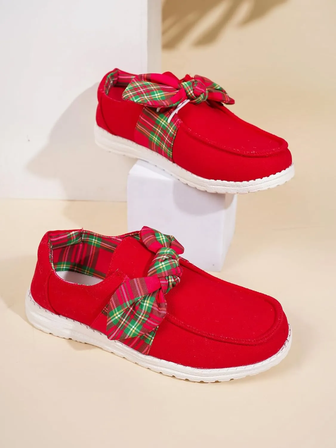 Women's Trending Plaid Bow Slip-on Loafers Canvas Low-Top Shoes Lightweight Boat Breathable Flexible Casual for Daily Wear Walking Driving,White/Red,US Size 6-11
