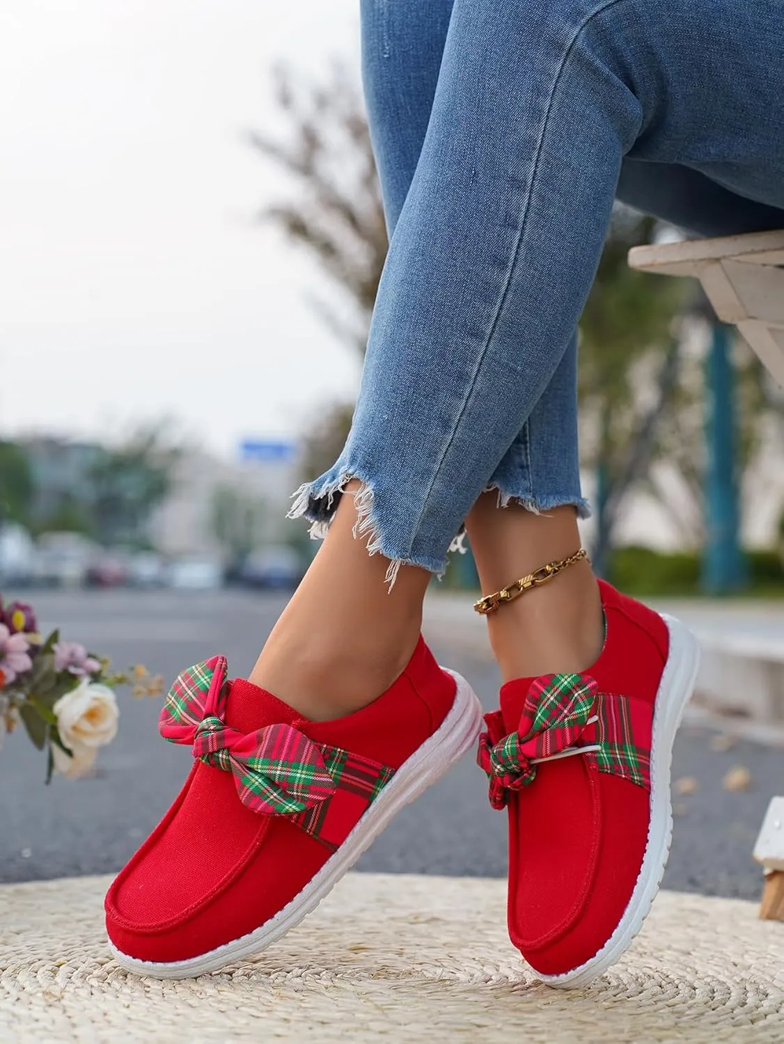 Women's Trending Plaid Bow Slip-on Loafers Canvas Low-Top Shoes Lightweight Boat Breathable Flexible Casual for Daily Wear Walking Driving,White/Red,US Size 6-11