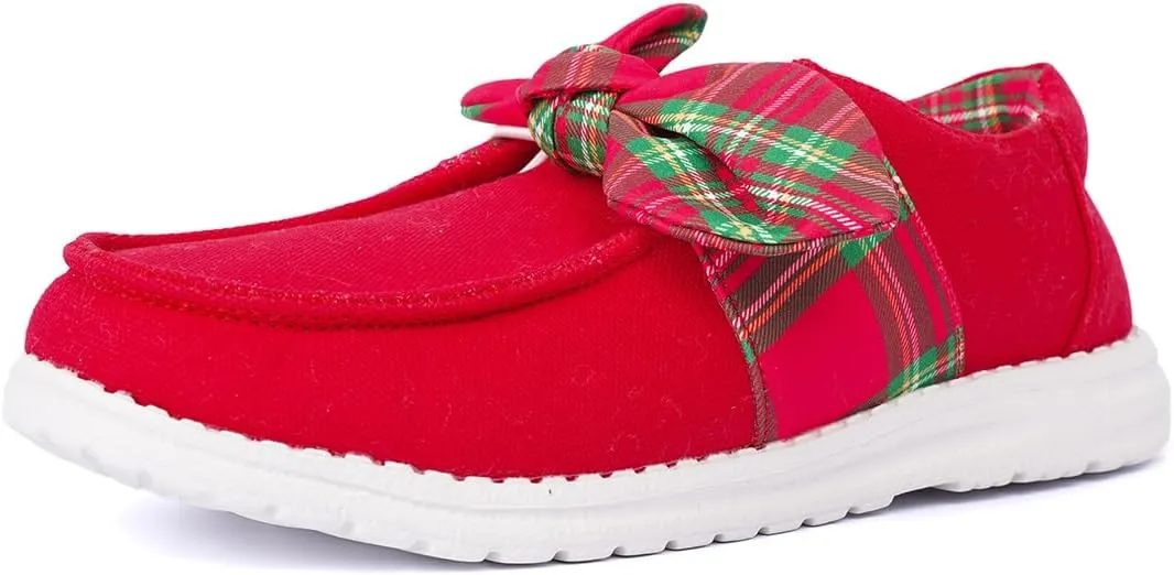 Women's Trending Plaid Bow Slip-on Loafers Canvas Low-Top Shoes Lightweight Boat Breathable Flexible Casual for Daily Wear Walking Driving,White/Red,US Size 6-11