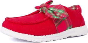 Women's Trending Plaid Bow Slip-on Loafers Canvas Low-Top Shoes Lightweight Boat Breathable Flexible Casual for Daily Wear Walking Driving,White/Red,US Size 6-11