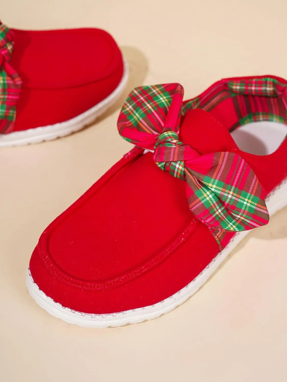 Women's Trending Plaid Bow Slip-on Loafers Canvas Low-Top Shoes Lightweight Boat Breathable Flexible Casual for Daily Wear Walking Driving,White/Red,US Size 6-11