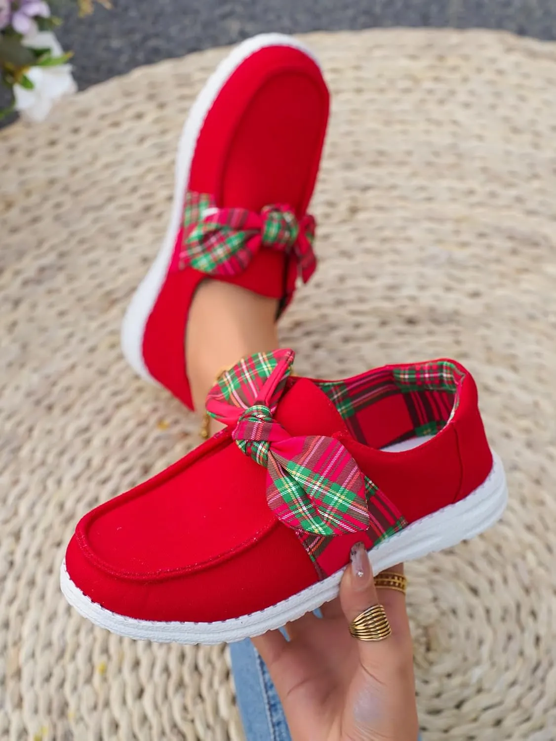 Women's Trending Plaid Bow Slip-on Loafers Canvas Low-Top Shoes Lightweight Boat Breathable Flexible Casual for Daily Wear Walking Driving,White/Red,US Size 6-11