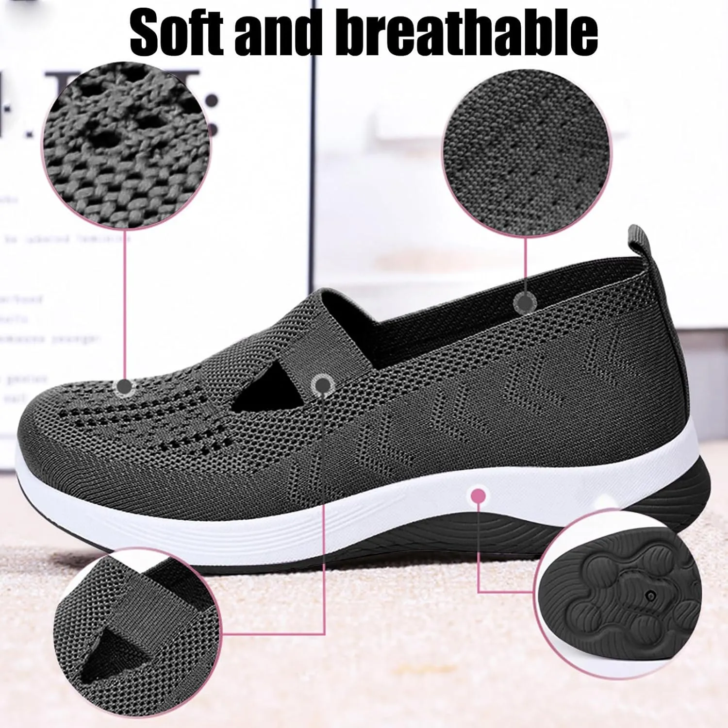 Women's Woven Orthopedic Shoes Breathable Lightweight Slip On Casual Shoes Soft Arch Support Walking Shoe Casual Air Cushion Athletic Sneakers Non-Slip Mesh Up Footwear