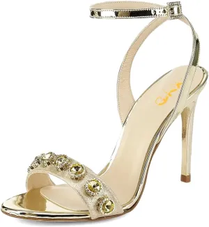 XYD Women's Metallic Sandals Stones Studded Open Toe Slingback Stiletto Heels Ankle Strap with Crystal Buckle Evening Bridal Shoes