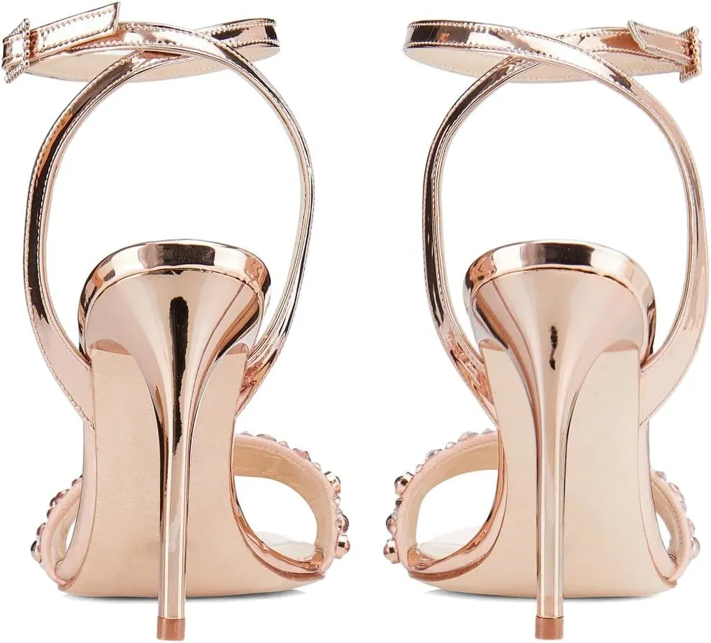 XYD Women's Metallic Sandals Stones Studded Open Toe Slingback Stiletto Heels Ankle Strap with Crystal Buckle Evening Bridal Shoes