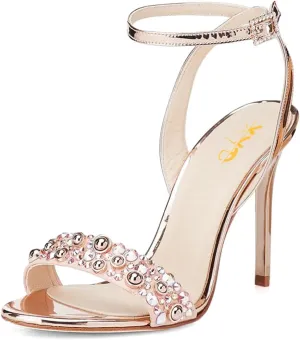 XYD Women's Metallic Sandals Stones Studded Open Toe Slingback Stiletto Heels Ankle Strap with Crystal Buckle Evening Bridal Shoes