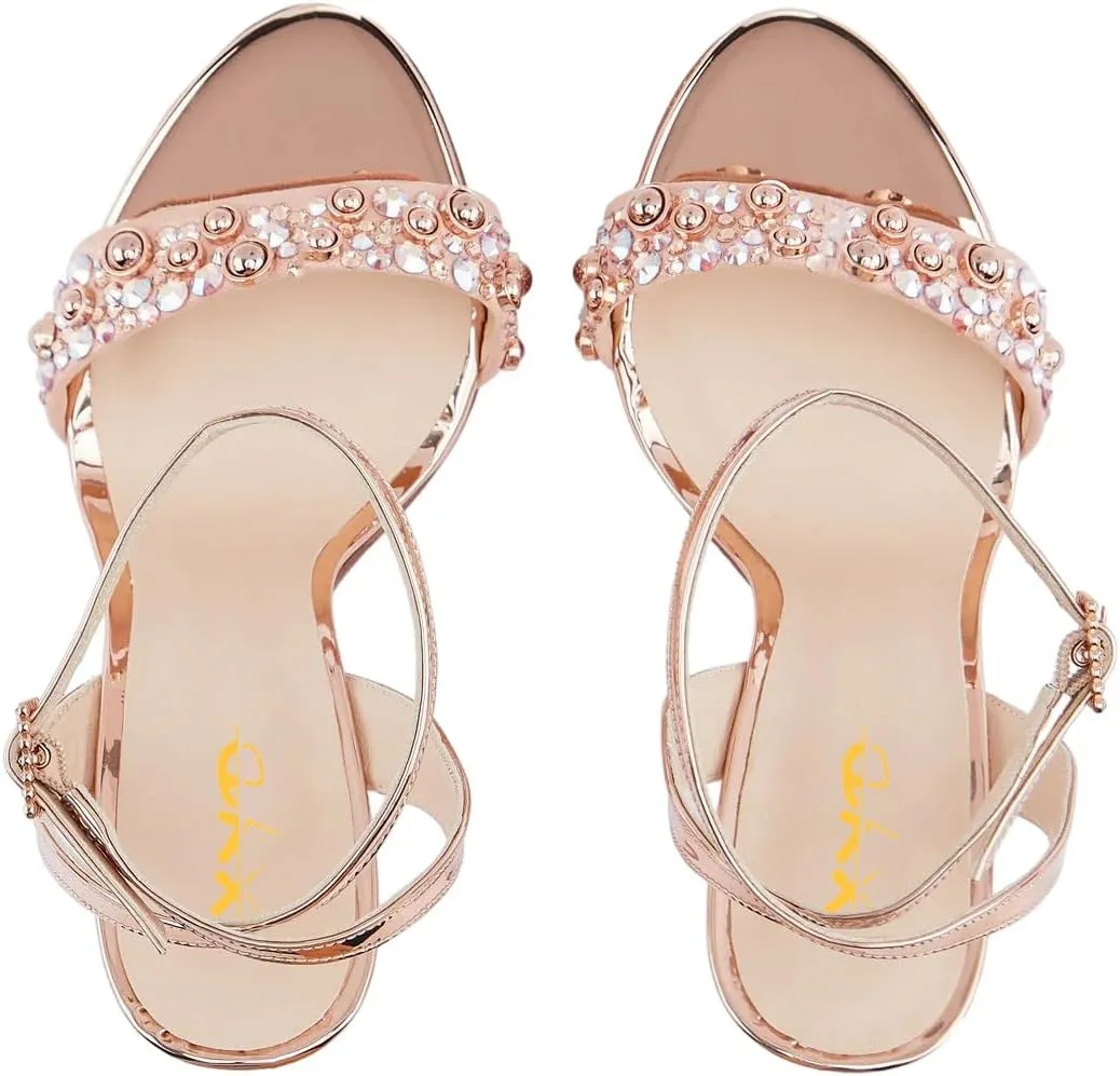 XYD Women's Metallic Sandals Stones Studded Open Toe Slingback Stiletto Heels Ankle Strap with Crystal Buckle Evening Bridal Shoes