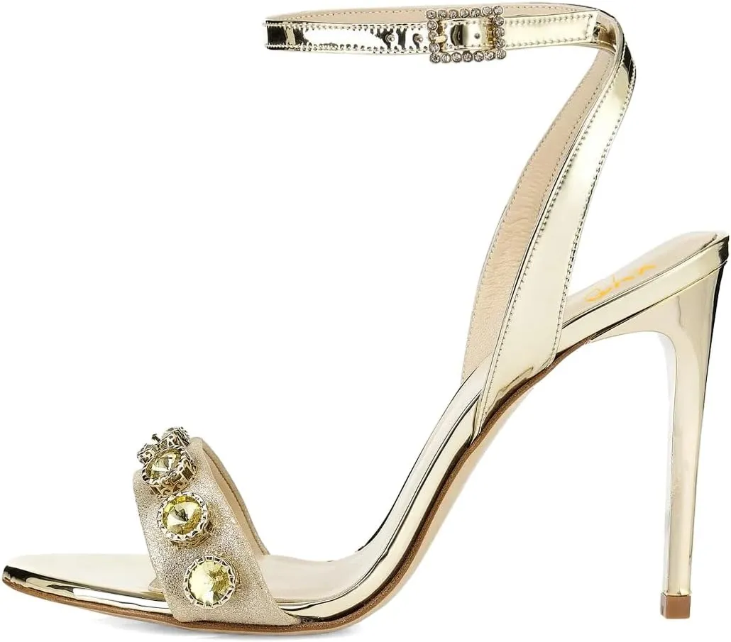 XYD Women's Metallic Sandals Stones Studded Open Toe Slingback Stiletto Heels Ankle Strap with Crystal Buckle Evening Bridal Shoes