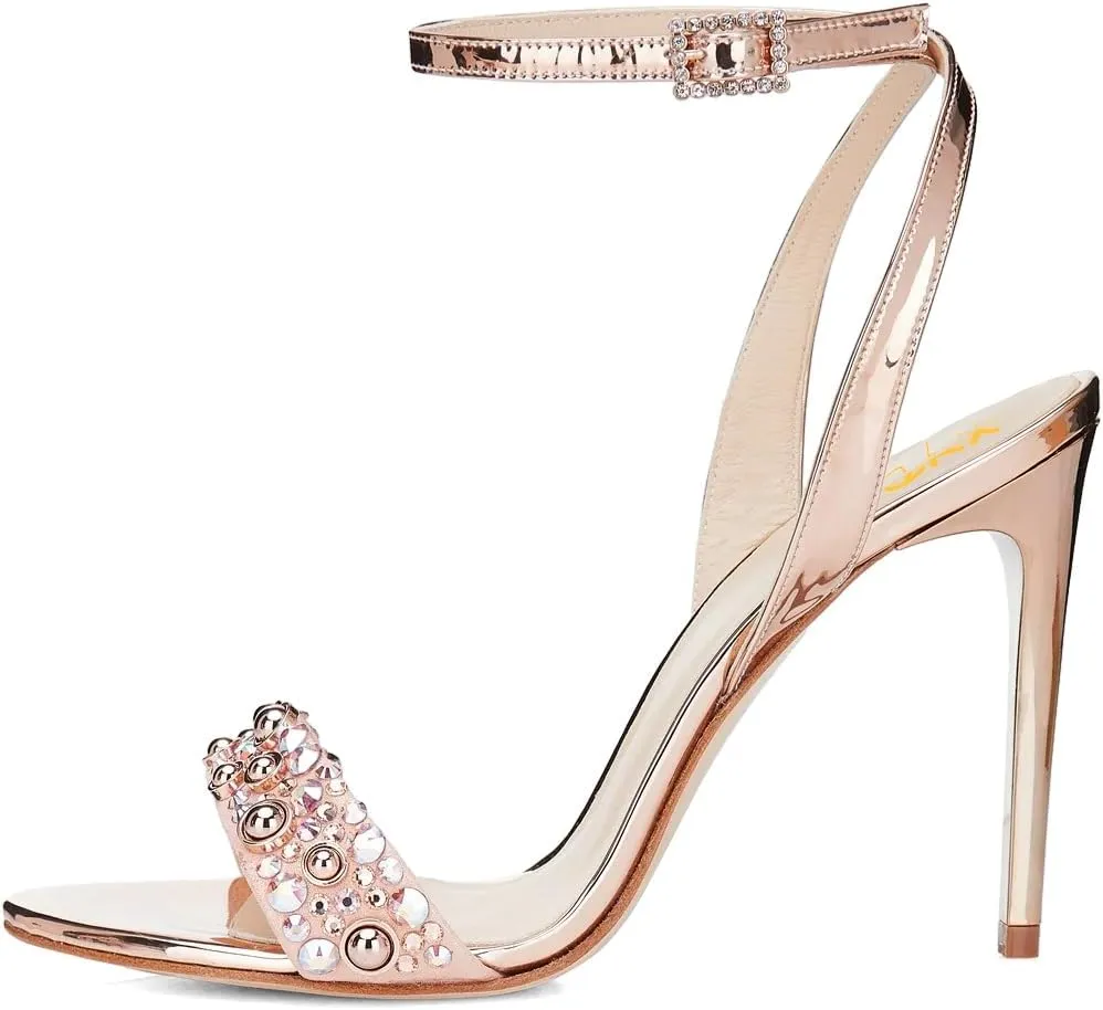 XYD Women's Metallic Sandals Stones Studded Open Toe Slingback Stiletto Heels Ankle Strap with Crystal Buckle Evening Bridal Shoes