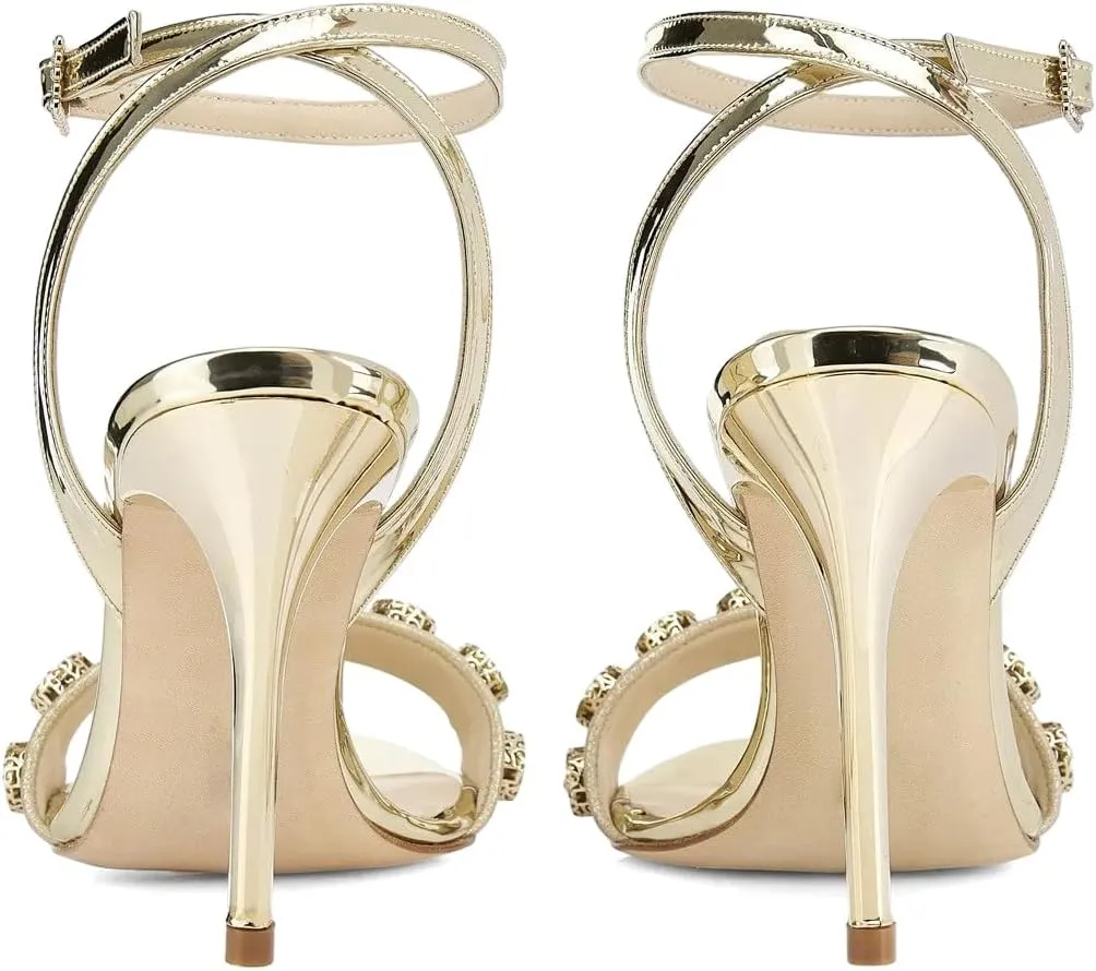 XYD Women's Metallic Sandals Stones Studded Open Toe Slingback Stiletto Heels Ankle Strap with Crystal Buckle Evening Bridal Shoes