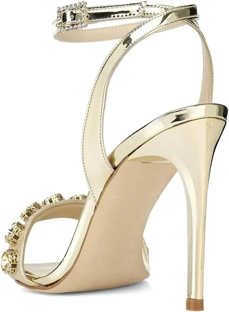 XYD Women's Metallic Sandals Stones Studded Open Toe Slingback Stiletto Heels Ankle Strap with Crystal Buckle Evening Bridal Shoes