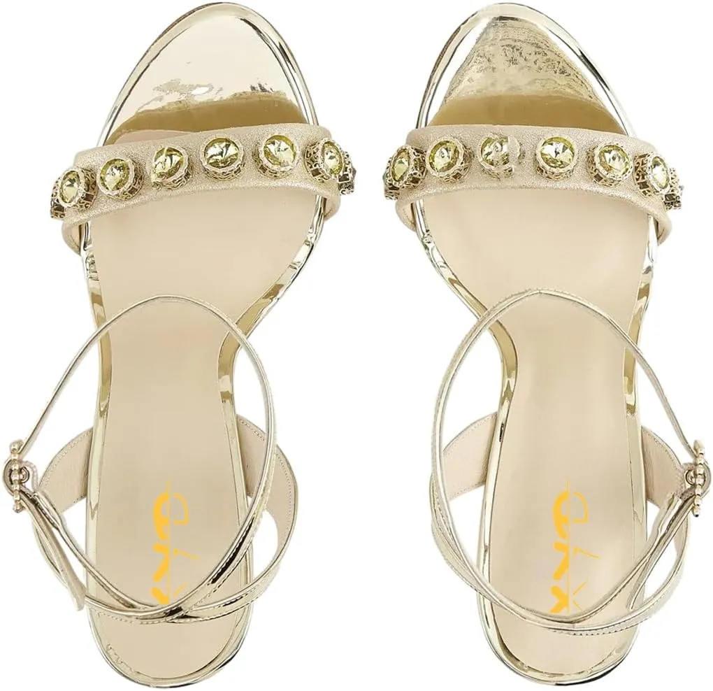 XYD Women's Metallic Sandals Stones Studded Open Toe Slingback Stiletto Heels Ankle Strap with Crystal Buckle Evening Bridal Shoes