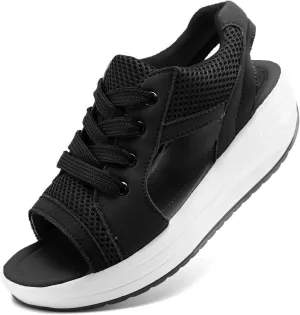 YIBLBOX Womens Sandals Contrast Paneled Cutout Lace-Up Sandals Causal Toe Platform Sandals