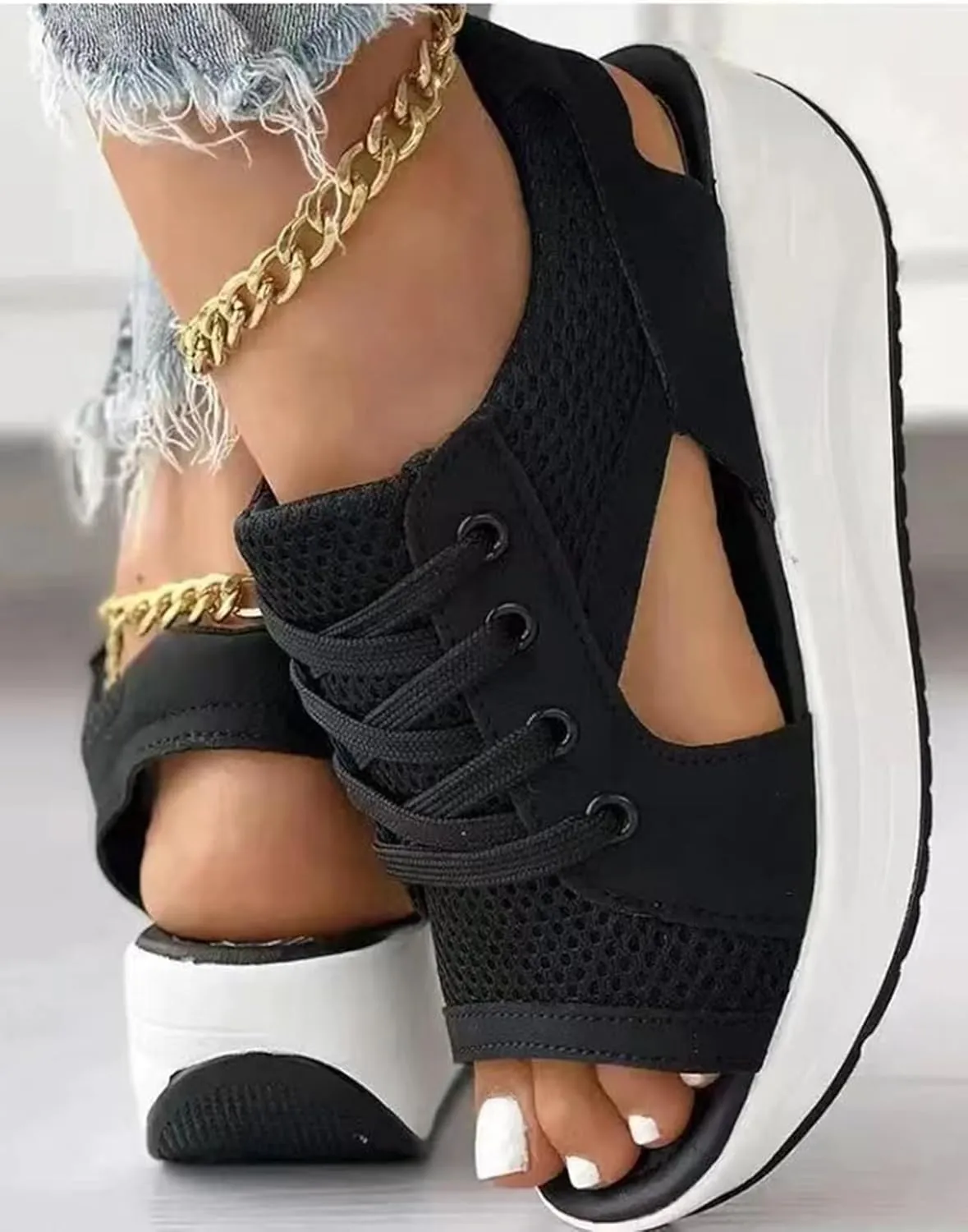 YIBLBOX Womens Sandals Contrast Paneled Cutout Lace-Up Sandals Causal Toe Platform Sandals